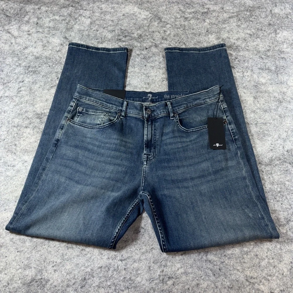 7 For All Mankind Jeans Mens 36x32 Blue The Straight Breckenridge Denim Stretch - Picture 2 of 11